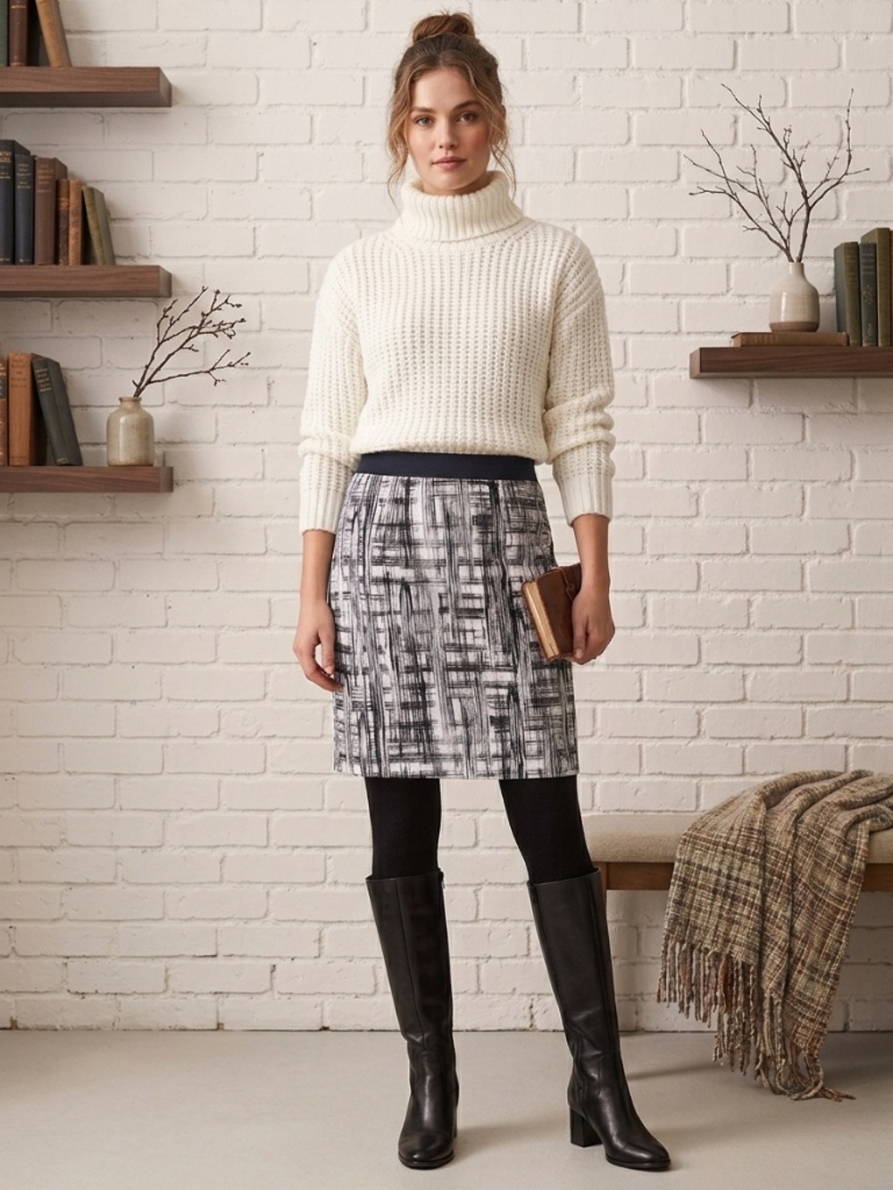 Pure Alfred Sung Navy White Grid Pencil Skirt 90s Minimalist Sz 12